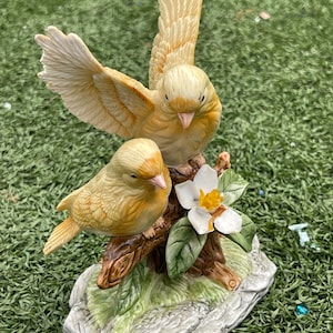 Vintage Ceramic Yellow Bird Figurine on Branch with White Flower – 4” Wide Nature Decor