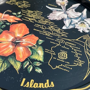 Vintage Hawaiian Islands Souvenir Tray – 11” Metal with Floral Map Design