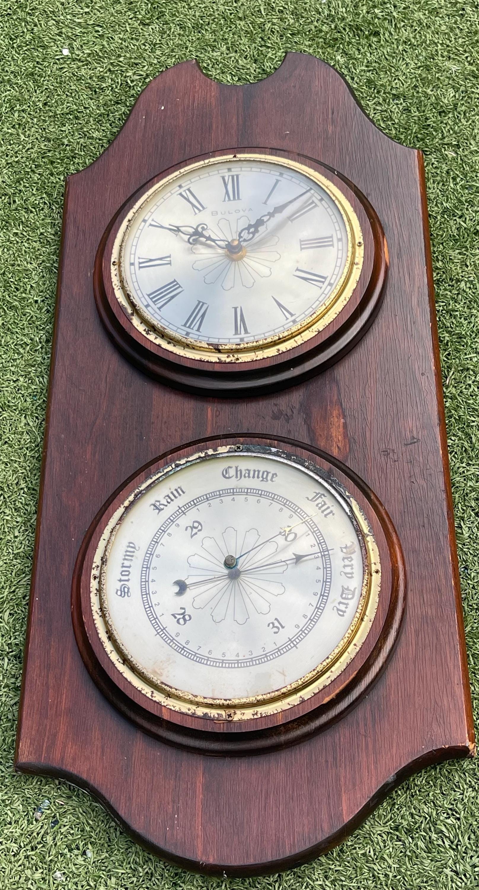 BULOVA ブローバ 置時計 温度計 湿度計 木製ケース Vintage Bulova Wall Clock and Barometer Set – 25 Inch Tall Wooden