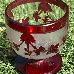 May include: A clear glass goblet with a red rim and base. The goblet features a frosted white center with red floral designs. The goblet is sitting on a bed of green grass.