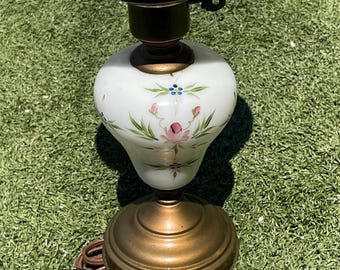 Vintage Milk Glass Hurricane Lamp with Hand-Painted Floral Design – 14 inch no lampshade