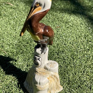 Hand-Painted Ceramic Pelican Figurine – 8” Tall Nautical Bird on Dock Post, Signed “Tallie”