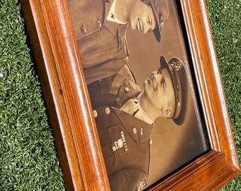 Vintage WWII Military Portrait – Framed Sepia Photo of Army Couple in Uniform, 13.5” Wide Wooden Frame