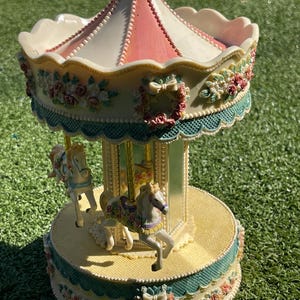 Vintage Rotating Carousel Music Box | Floral Trim & Mirrored Center | Plays Music, 3 Horses