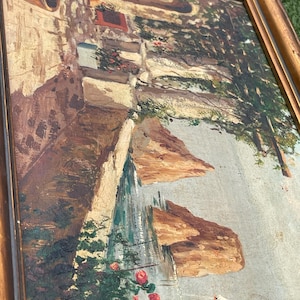 Vintage Mediterranean Coastal Oil Painting on Canvas – Framed Gilded Wood – 17.5”×11.5”