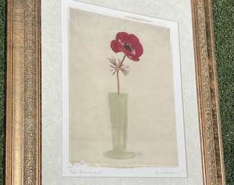 Signed A. Melion Vintage Floral Print – Red Poppy Botanical Wall Art – Framed 19.75”