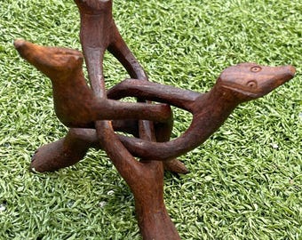 Hand-Carved Wooden Cobra Tripod Stand – Folding Folk Art Puzzle Holder, 6 Inch