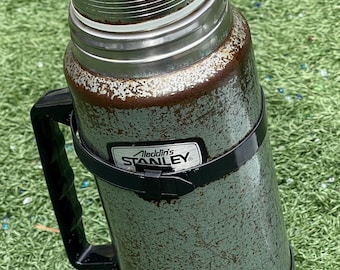 Vintage Stanley Aladdin 1-Quart Thermos • 1950s Hammertone Green Vacuum Bottle • 15" Tall Mid-Century Industrial Travel Mug Made in USA