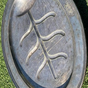 May include: Oval, silver-toned serving platter with a raised, stylized leaf design in the center. The platter has a wide, rounded rim and is set against a backdrop of green grass.