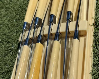 Vintage Carvel Hall by Briddell Steak Knife Set – 8-Piece Mid-Century Stainless Blades with Cream Handles, Original Tray
