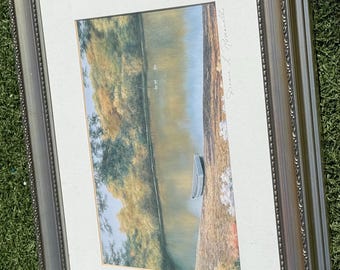 Signed Demi L. Ponnelle Landscape Print – Framed Lake & Boat Scene, 17.5” Wide