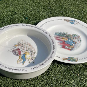May include: Two white ceramic plates with illustrations of Peter Rabbit. One is a shallow bowl with text around the rim. The other is a standard plate with text around the rim. Both plates have colorful illustrations.
