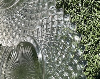 Set of 2 Vintage Pressed Glass Plates – 8.5” Diamond Point Sunburst Pattern