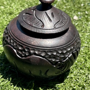Vintage Hand-Carved Wooden Jar with Lid | 3.5” Round Decorative Box | Tribal or Folk Art Design | Dark Hardwood Trinket Bowl
