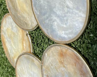 Vintage Mother of Pearl & Brass Coasters Set of 5 | Iridescent Shell Drink Coasters with Cork Backing | Mid-Century Coastal Barware