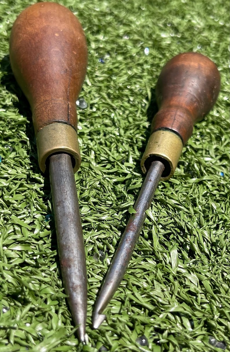 Old Awls Antique Awl Tools Set of 2 – Wood Handles, Brass Ferrules Forged Steel ...