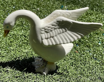 Vintage Porcelain Swan Figurine 5.5 Inch White Ceramic Bird with Wings Spread