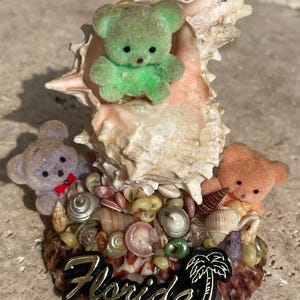 May include: A Florida souvenir featuring three small teddy bears in green, purple, and orange, nestled among seashells and a large conch shell. The base is adorned with a "Florida" emblem.