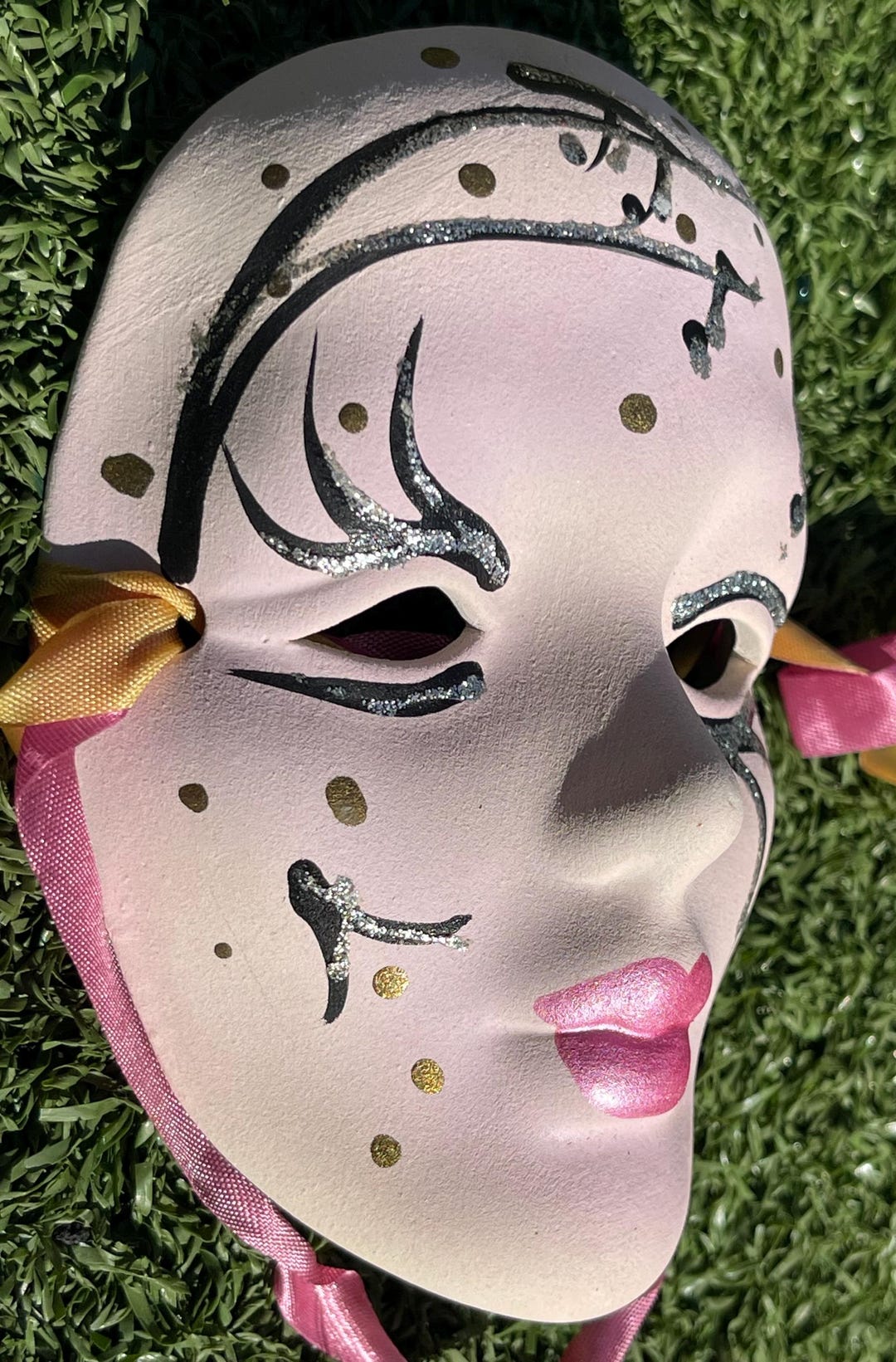 Signed Cava Hand-painted Venetian-style Mask – 5.5” Pink & Silver Music ...