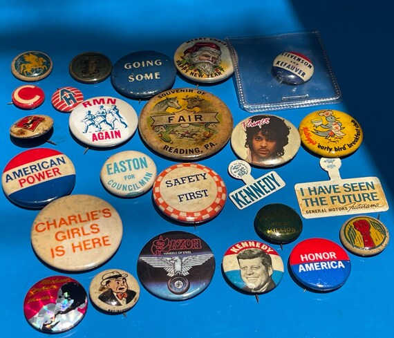Vintage Pinback Button Collection Political Advertising Music JFK Nixon Prince GM Futurama 25 Piece Lot
