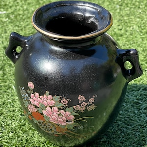 Antique Japanese Black Glazed Ceramic Vase | Hand-Painted Floral & Ox-Cart Motif | Meiji / Taisho Era | circa 1868–1926