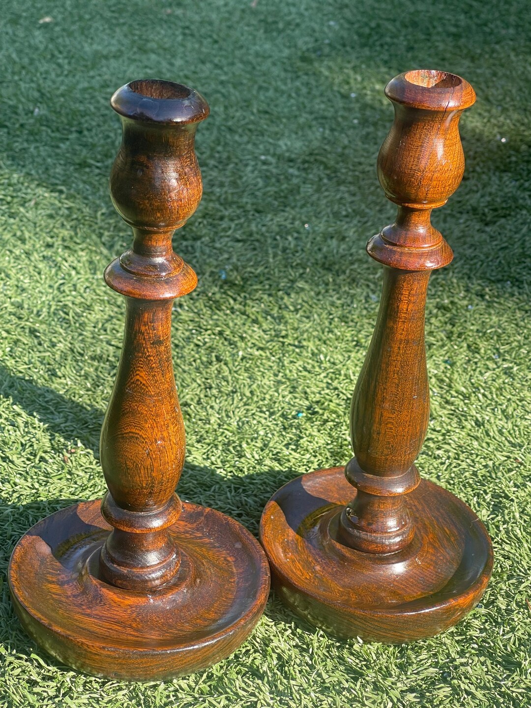 Vintage Turned Wood Candlestick Holders Pair 10 Inch Rustic Farmhouse ...