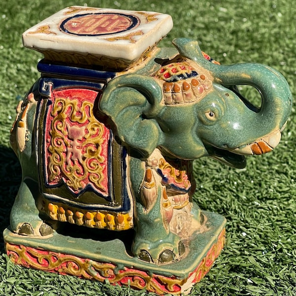 Vintage Ceramic Elephant Garden Seat 5.5 Inch Asian Decor Pedestal