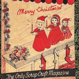 May include: Vintage "Pack-O-Fun" magazine cover with a Christmas theme. Features illustrations of children in red outfits holding candles, with the text "Merry Christmas." Includes Christmas stockings and the magazine title.