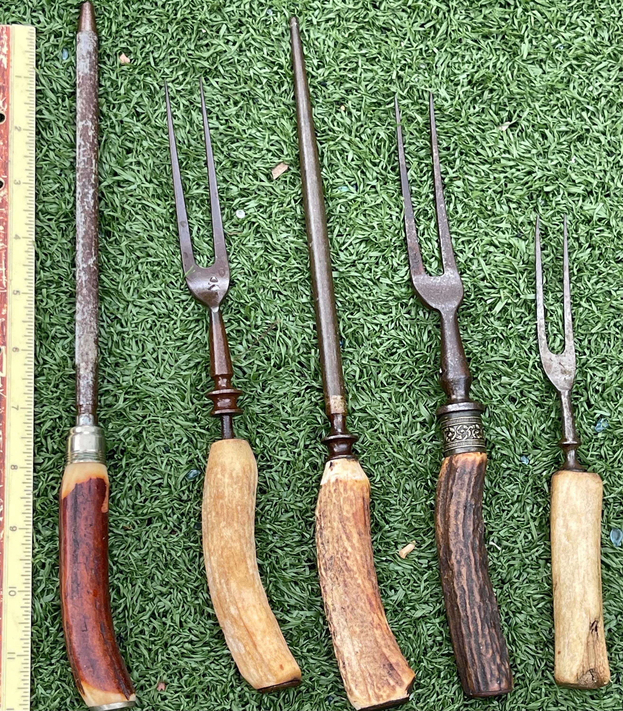 Rustic Table Fork Antique Stag & Bone Handle Carving Forks + Sharpening Steel Lot ...