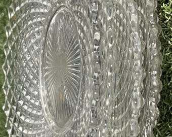 Set of 4 Vintage Pressed Glass Plates – 8.5” Diamond Point Sunburst Pattern