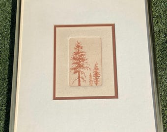 Limited Edition "Pine Trio" Signed Etching, 93/250, Framed Sepia Nature Print, 12x10