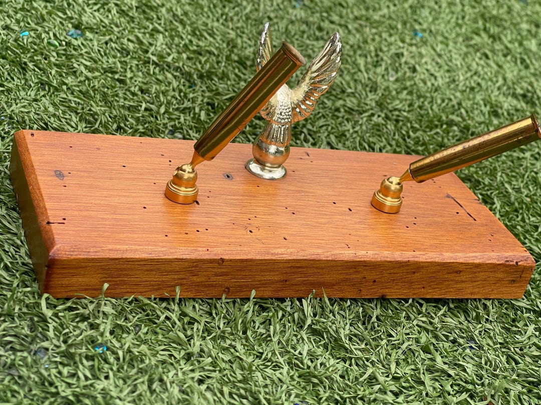 Vintage Bald Eagle Desk Display With Brass Bullet Shell Pen Holders on ...