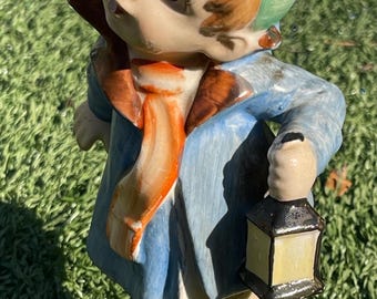 Vintage Japan Porcelain Boy Figurine 6” Blue Coat Lantern Hand Painted 1950s