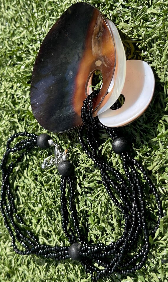 Abalone Shell Statement Necklace Black Beaded Mul… - image 3