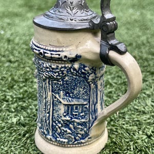 Vintage 5” German-Style Blue & White Stoneware Beer Stein with Pewter Lid
