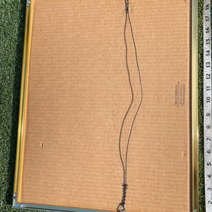 May include: Back of a framed artwork with a gold-colored metal frame. The artwork backing is cardboard. A black wire is attached for hanging. The frame has a ruler along the side with inch measurements.