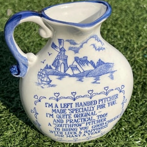 Vintage “Southpaw” Left-Handed Souvenir Pitcher – Blue & White Ceramic 4″–5″