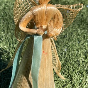 Vintage Straw Angel Ornament – 6.5” Handcrafted Holiday Decoration with Ribbon and Mesh Wings