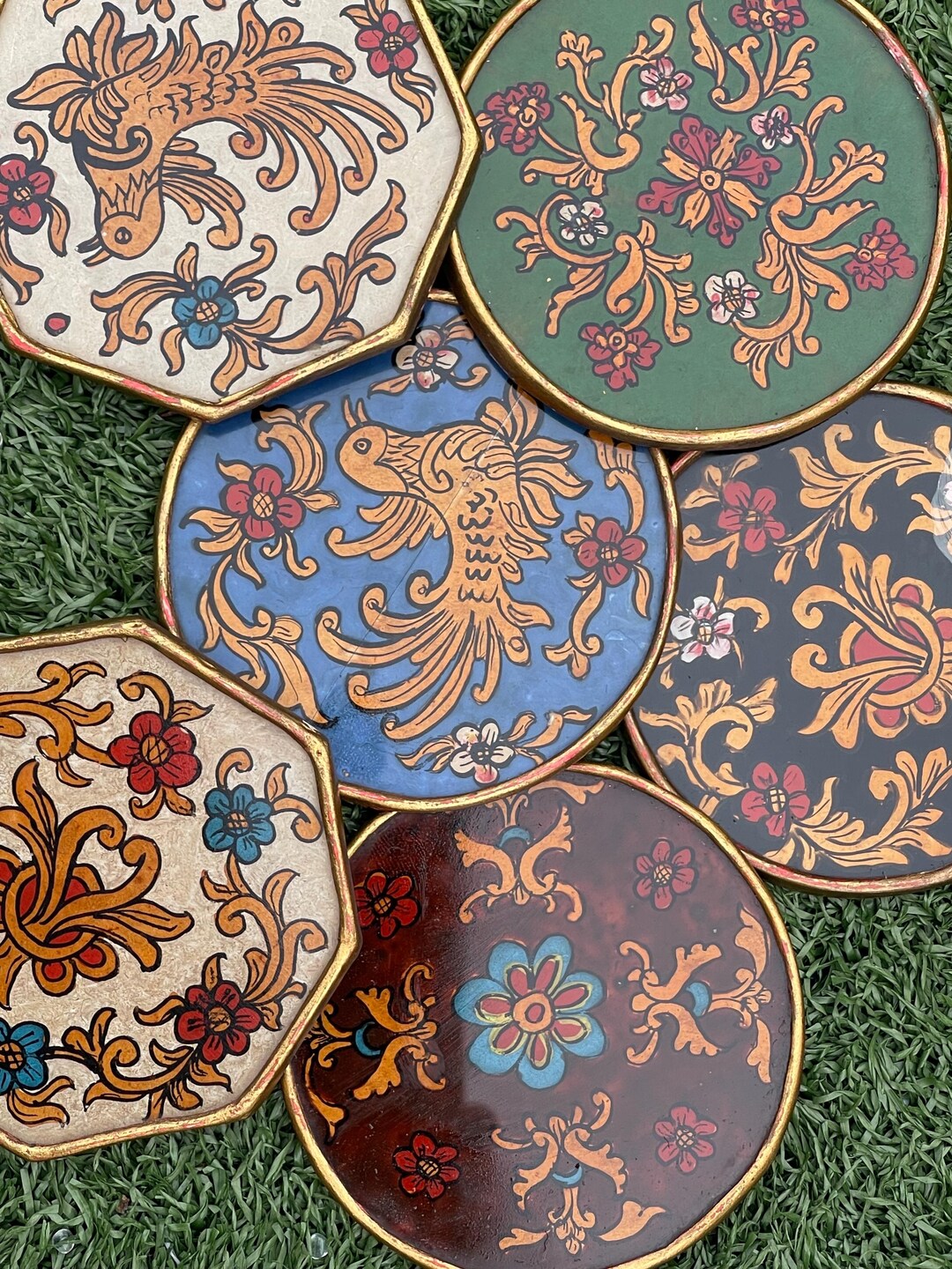 What Is Gilt Rim Antique Hand Painted Coasters Set of 6 Bird Floral Gilt Rim 3.5 Inch ...