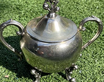 Vintage English Silver Mfg. Corp. Sugar Bowl with Lid, Ornate Silverplate Footed, Scroll Handles, Fruit Finial, 8.5" Tall