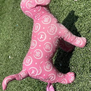 May include: A pink plush dog toy with a repeating pattern of the number "86", the word "LOVE", and the word "PINK" in white circles. The toy is lying on green grass and has a pink tag attached.