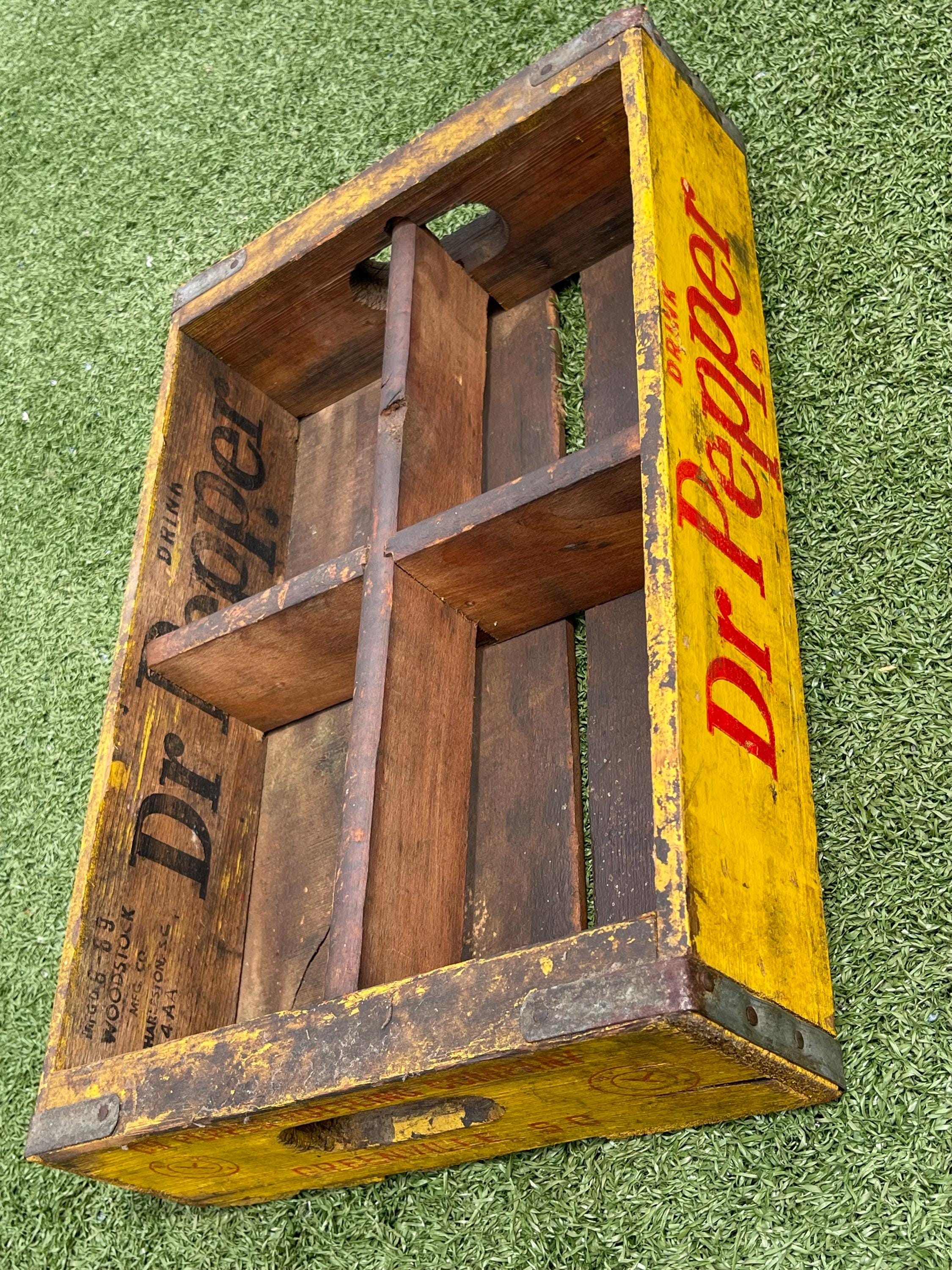 Vintage Dr Pepper Wooden Soda Crate 1969 Greenville SC Yellow Red