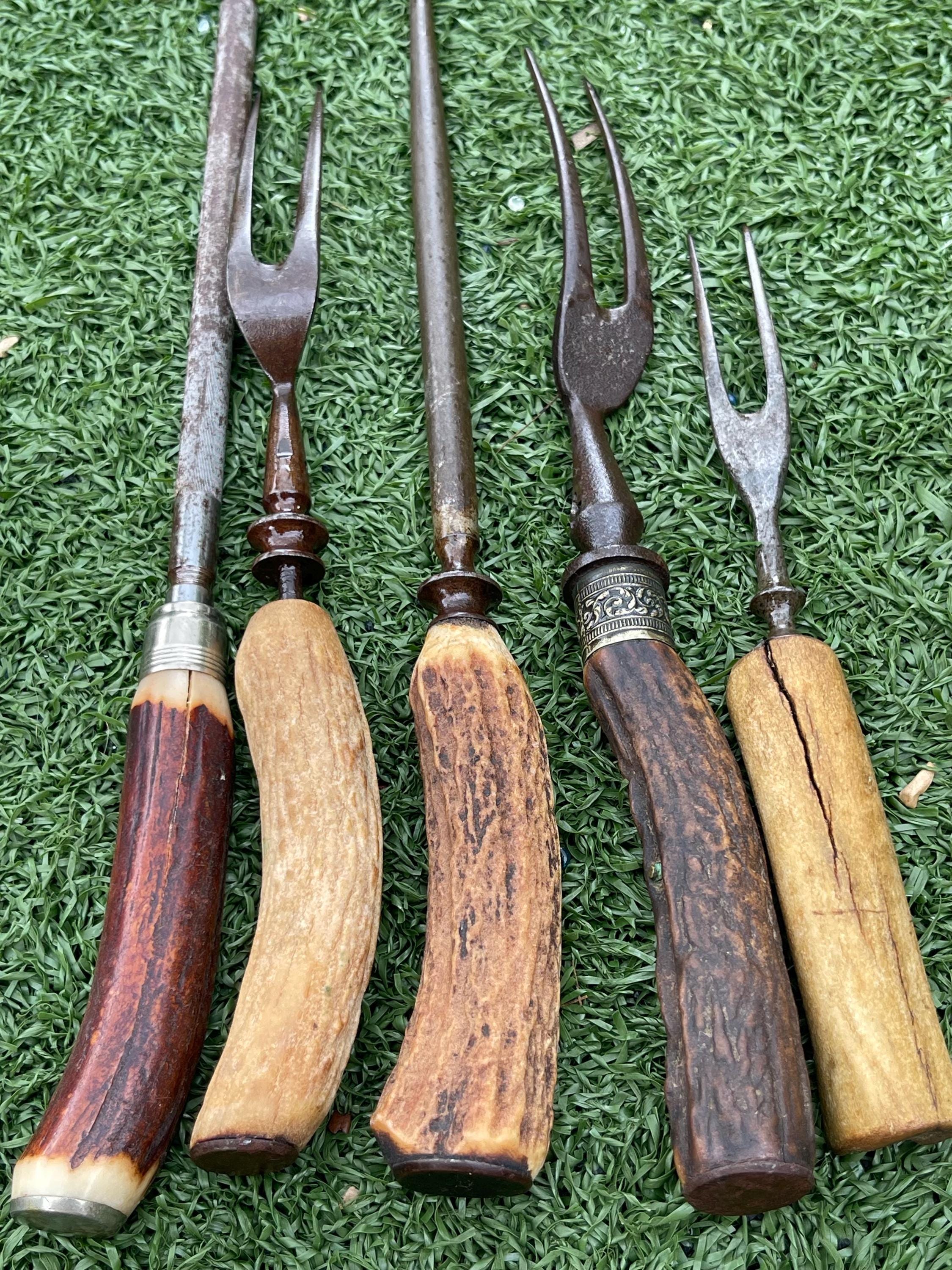 Rustic Table Fork Antique Stag & Bone Handle Carving Forks + Sharpening Steel Lot ...
