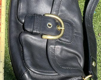 Vintage Coach Legacy Black Leather Flap Shoulder Bag F14742 Brass Buckle 11.5”