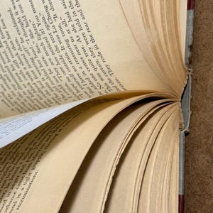 May include: Open book with aged, yellowed pages. The pages are fanned out, revealing printed text. The book's spine is visible, with a dark red cover. The text is partially visible, with words like "English" and "cat" discernible.