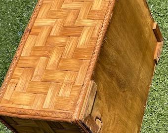 Vintage Handcrafted Bamboo and Wood Storage Box – 13” Woven Basket Chest with Lined Interior, 1970s