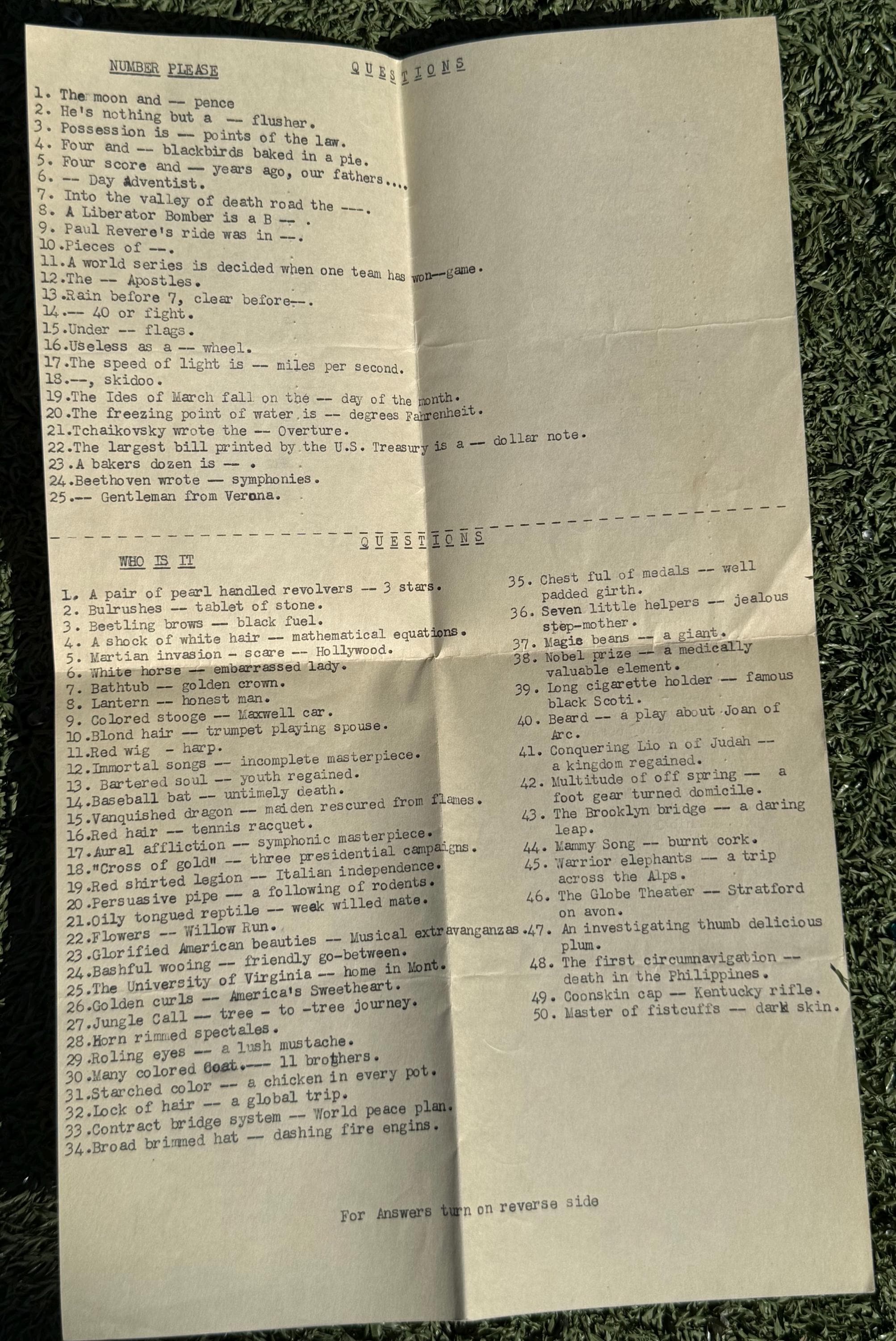 WWII “number Please & Who is It” 1940s Army Trivia Quiz Sheet Rare ...