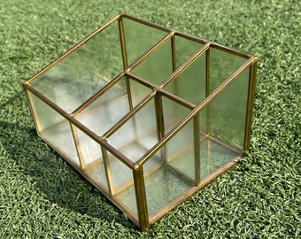 Vintage Brass & Glass Display Box Organizer – 6-Compartment Jewelry or Trinket Holder, 7” Long