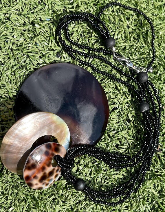 Abalone Shell Statement Necklace Black Beaded Mul… - image 1