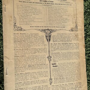 May include: A vintage September 1908 issue of McCall's Magazine, featuring articles on fashion, home, and society. The cover displays the magazine's title and content list, with a worn, aged appearance.